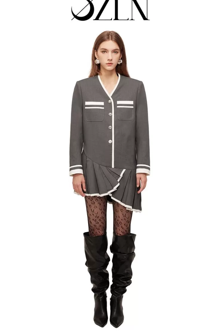Ozlana Ozln Tweed Drop Waist Pleated Suit Dress (Grey) | Women Ozln
