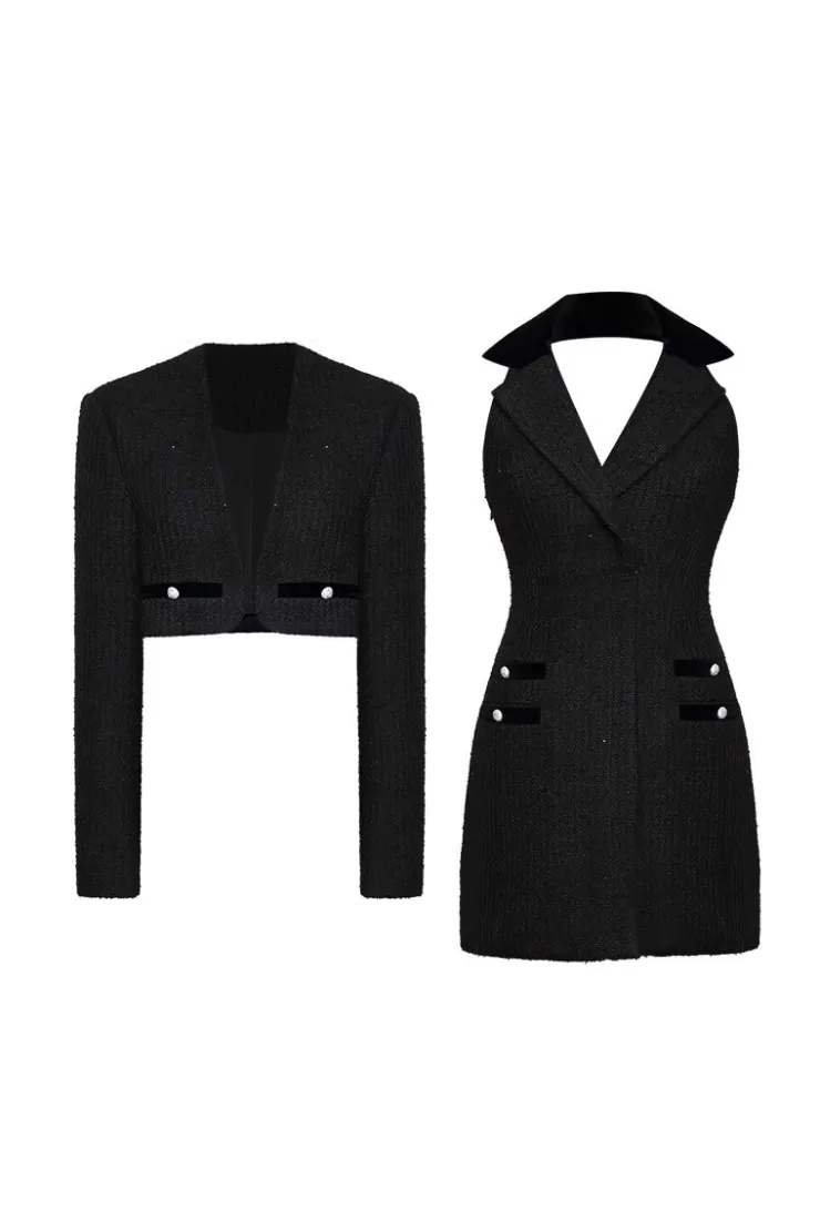 Ozlana Ozln Tweed Halterneck Suit & Dress Set (Black) | Women Matching Sets