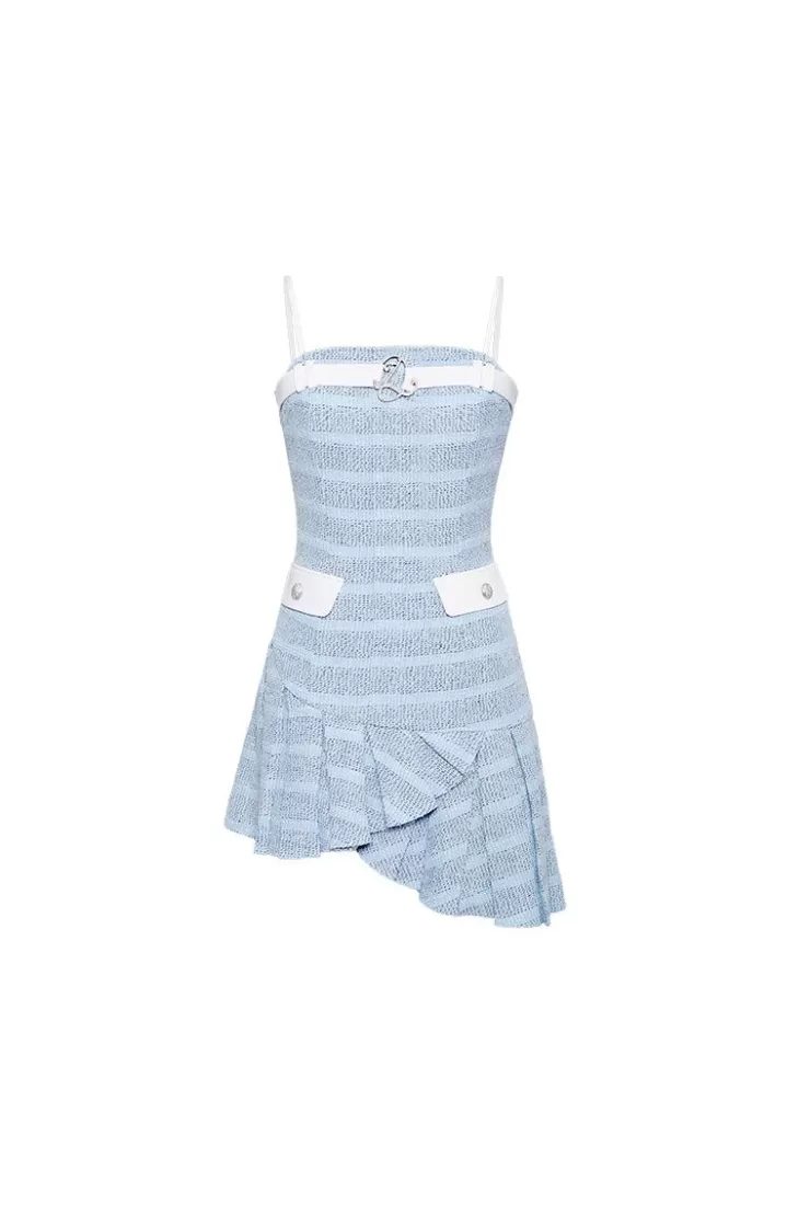 Ozlana Ozln Tweeddrop Waist Pleated Dress (Blue) | Women Ozln