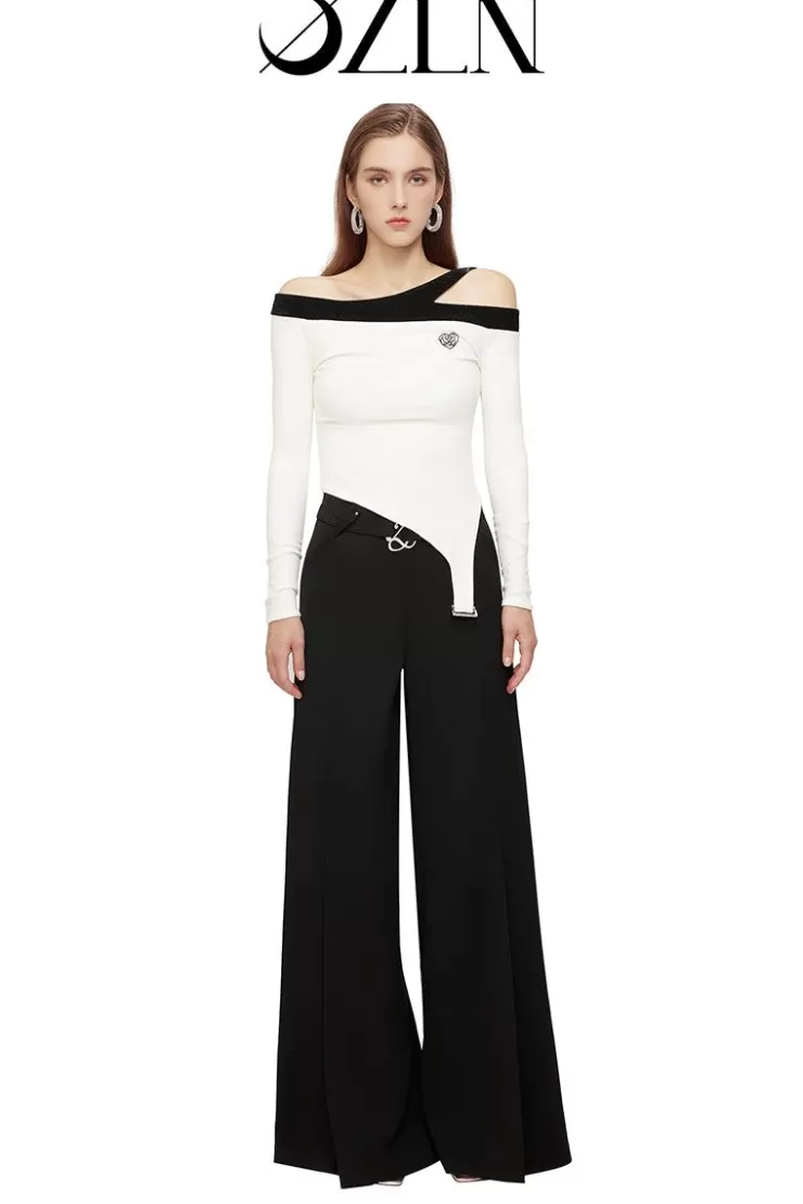 Ozlana Ozln Wide Leg Slit Suit Pants(Black) | Women Ozln