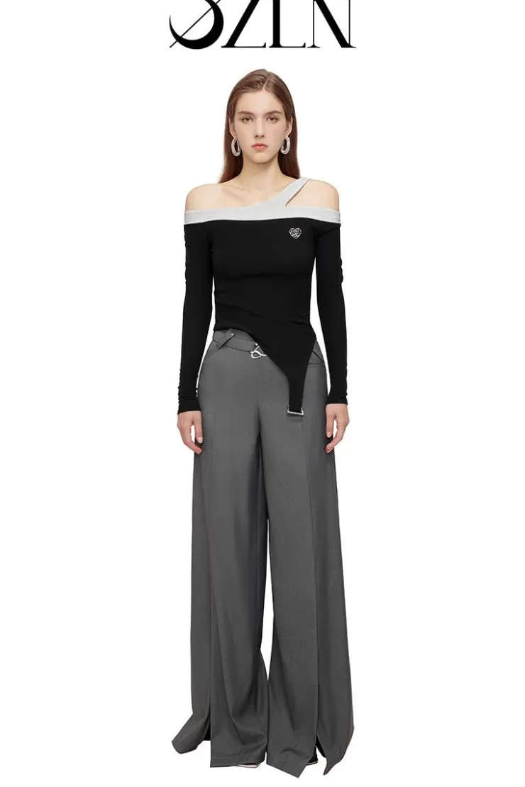 Ozlana Ozln Wide Leg Slit Suit Pants(Grey) | Women Bottoms