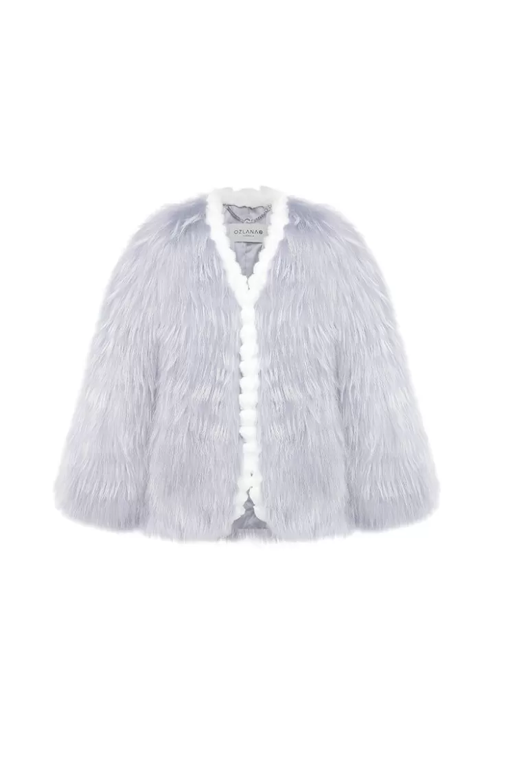 Ozlana Plaza V Neck Raccoon Fur Jacket(Blue) | Women Full Fur Jackets