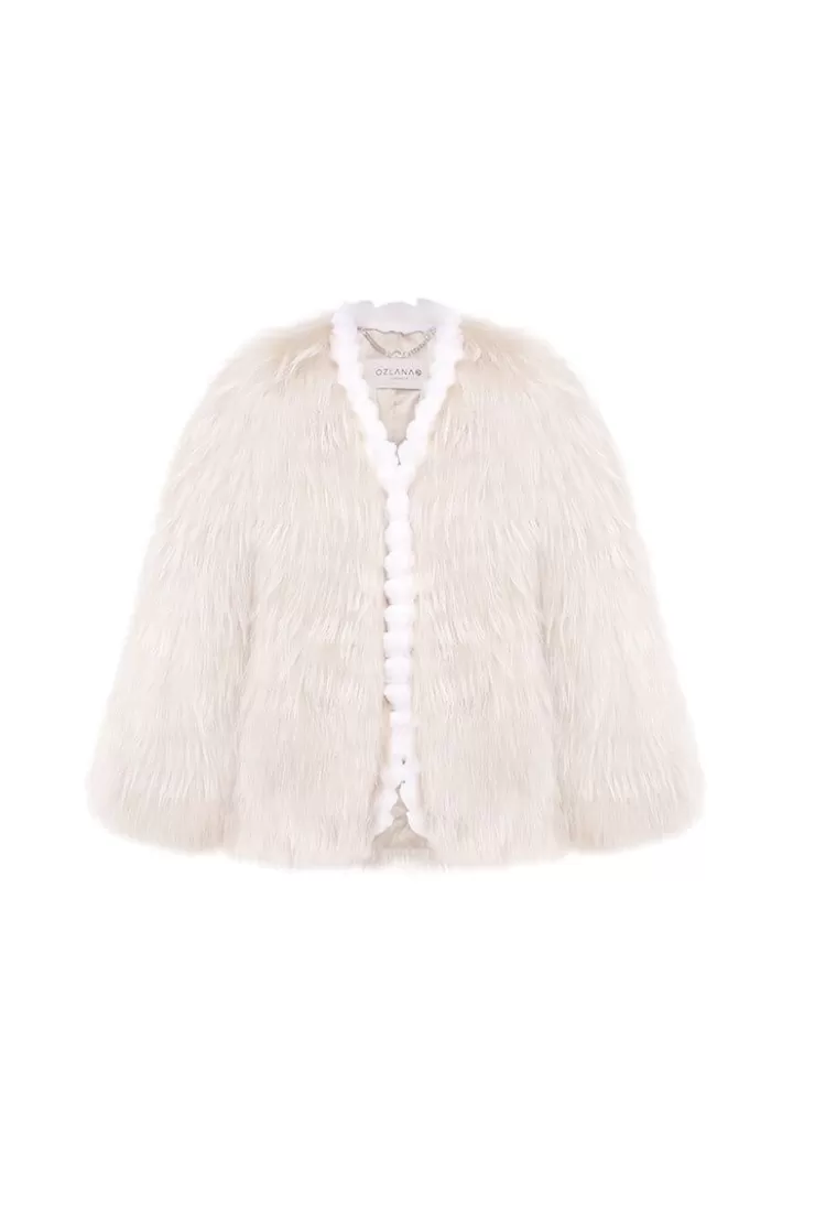 Ozlana Plaza V Neck Raccoon Fur Jacket(Cream) | Women Full Fur Jackets
