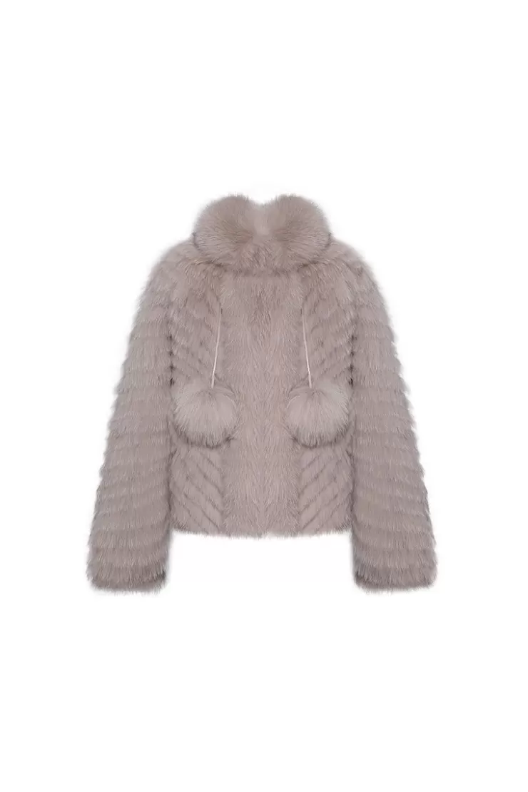 Ozlana Pom Pom Collar Fox Fur Jacket(Beige) | Women Full Fur Jackets