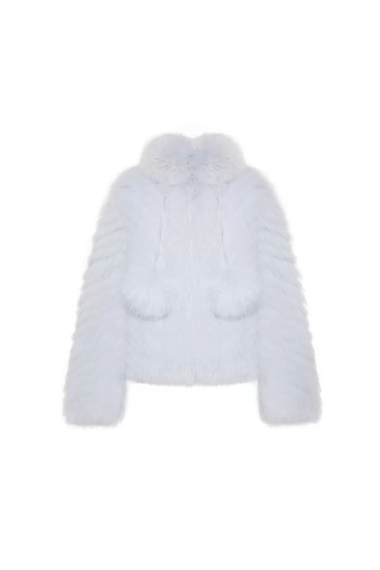Ozlana Pom Pom Collar Fox Fur Jacket(Blue) | Women Full Fur Jackets