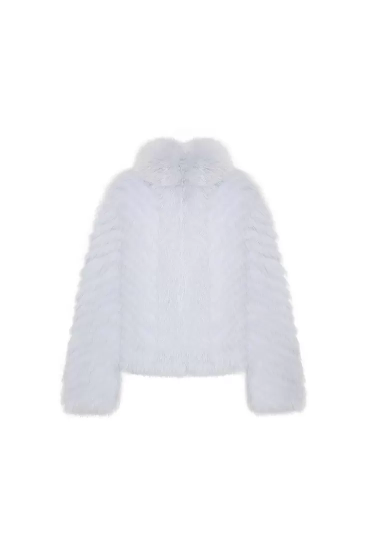 Ozlana Pom Pom Collar Fox Fur Jacket(Blue) | Women Full Fur Jackets