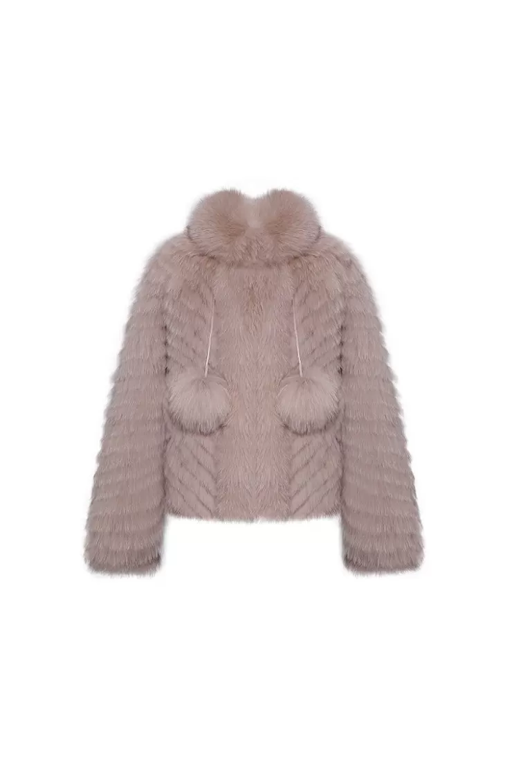 Ozlana Pom Pom Collar Fox Fur Jacket(Mocha) | Women Full Fur Jackets