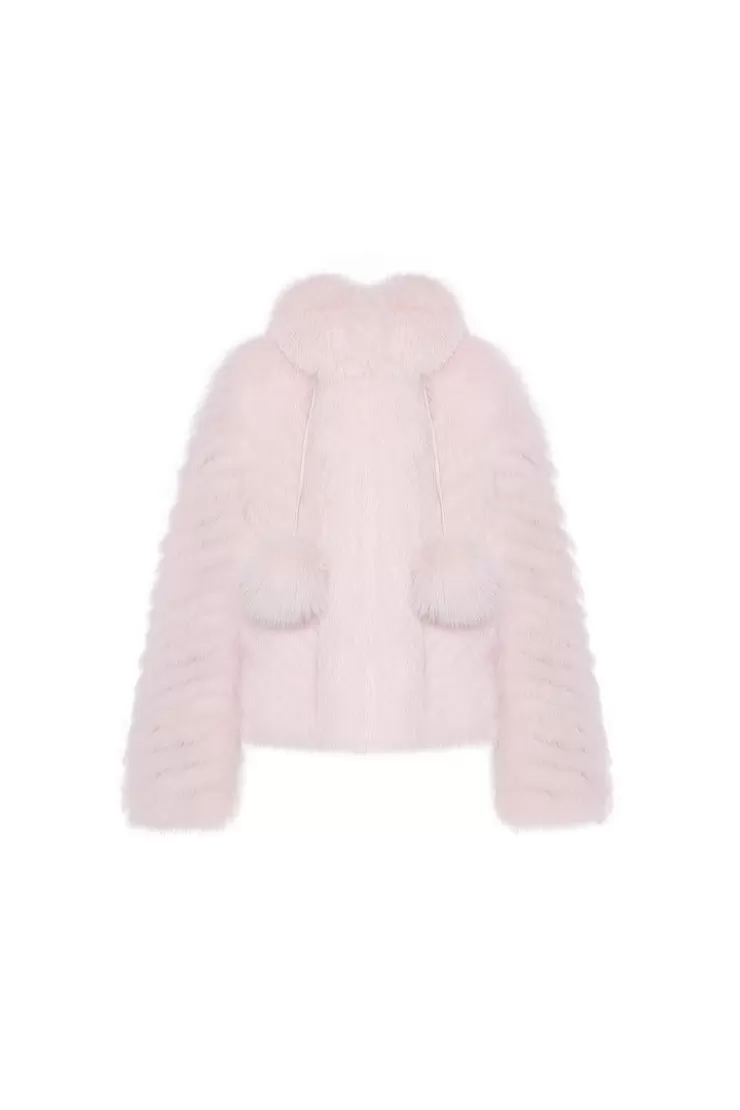 Ozlana Pom Pom Collar Fox Fur Jacket(Pink) | Women Full Fur Jackets