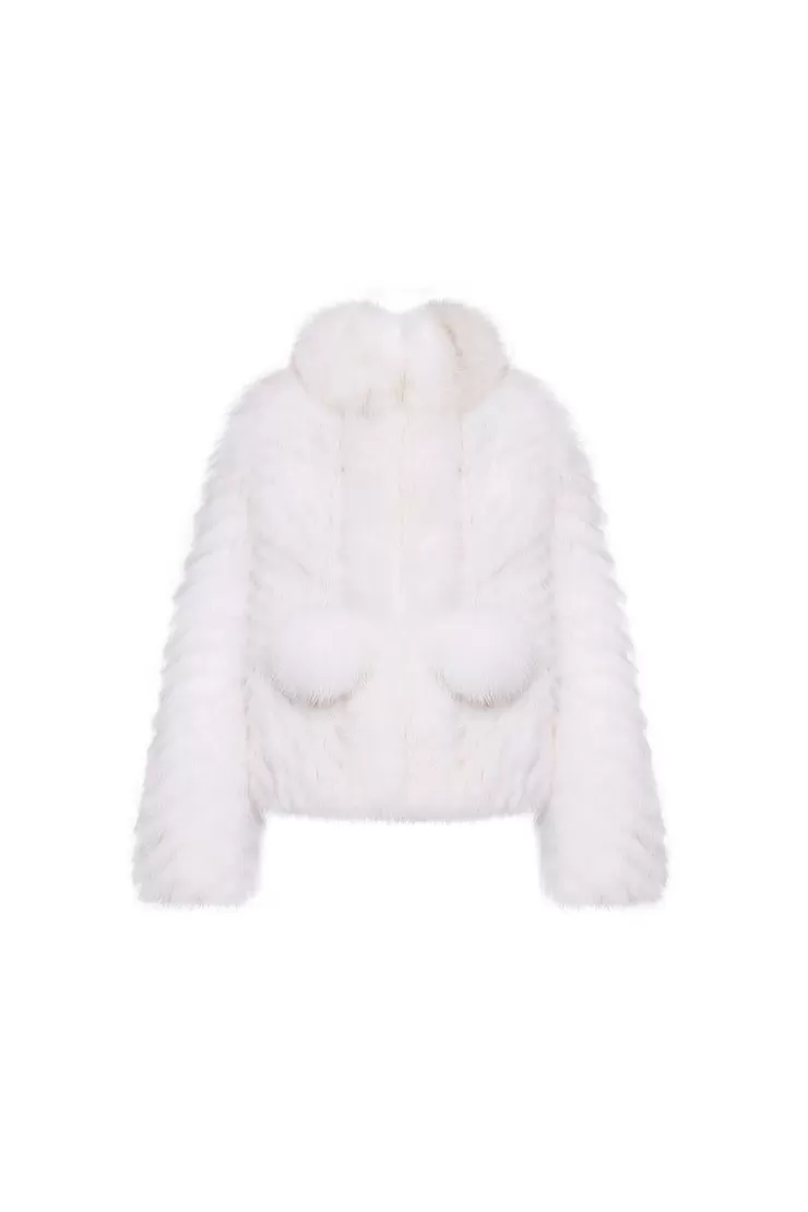 Ozlana Pom Pom Collar Fox Fur Jacket(White) | Women Full Fur Jackets