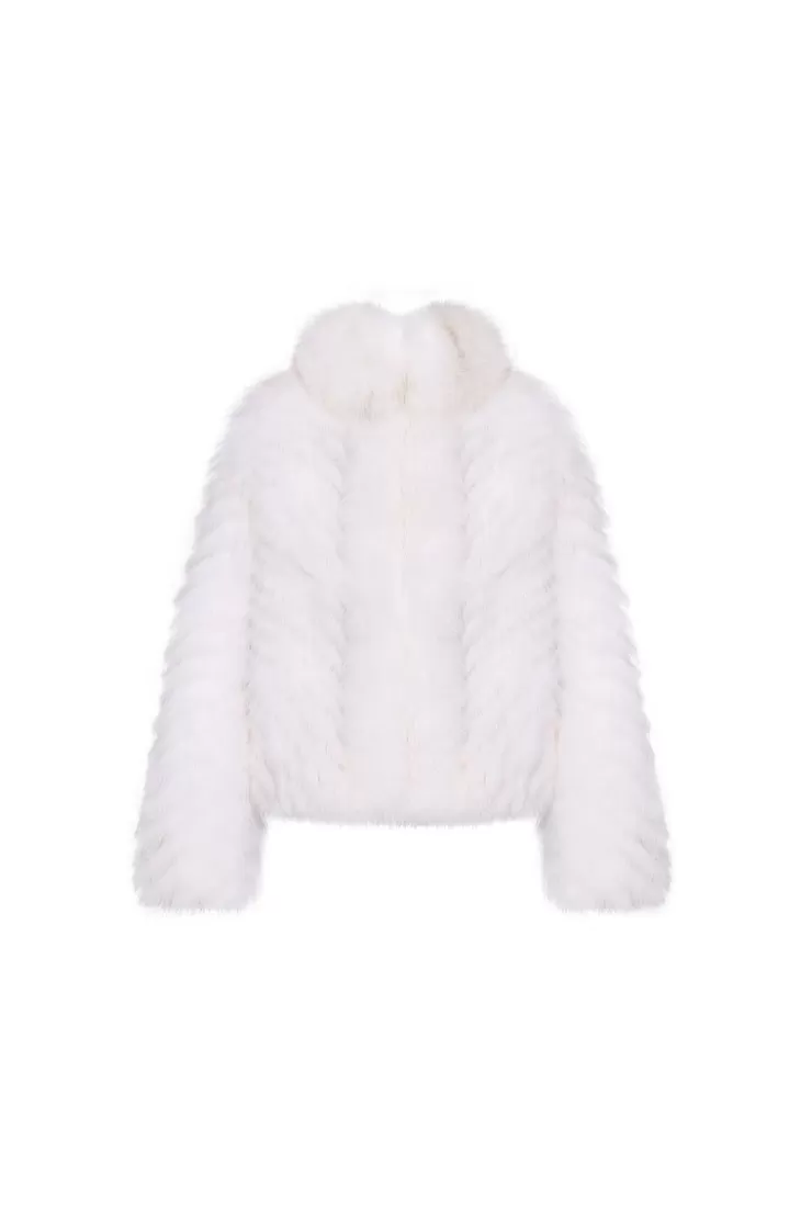 Ozlana Pom Pom Collar Fox Fur Jacket(White) | Women Full Fur Jackets