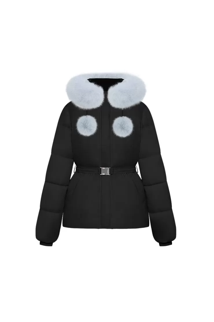 Ozlana Pom Pom Fur Collar Down Jacket(Black) | Women Down Puffer Jackets