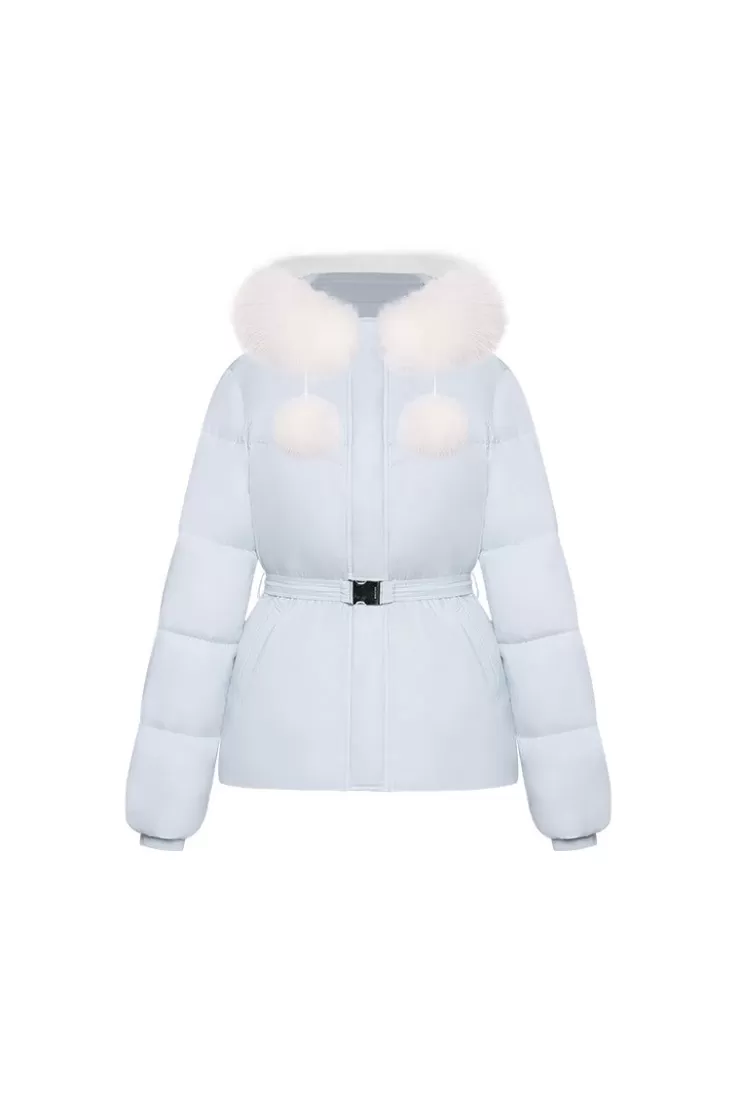 Ozlana Pom Pom Fur Collar Down Jacket(Blue) | Women Down Puffer Jackets