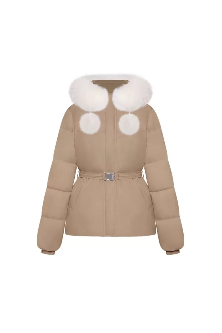 Ozlana Pom Pom Fur Collar Down Jacket(Camel) | Women Down Puffer Jackets