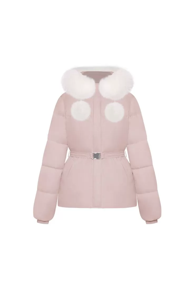 Ozlana Pom Pom Fur Collar Down Jacket(Pink) | Women Down Puffer Jackets