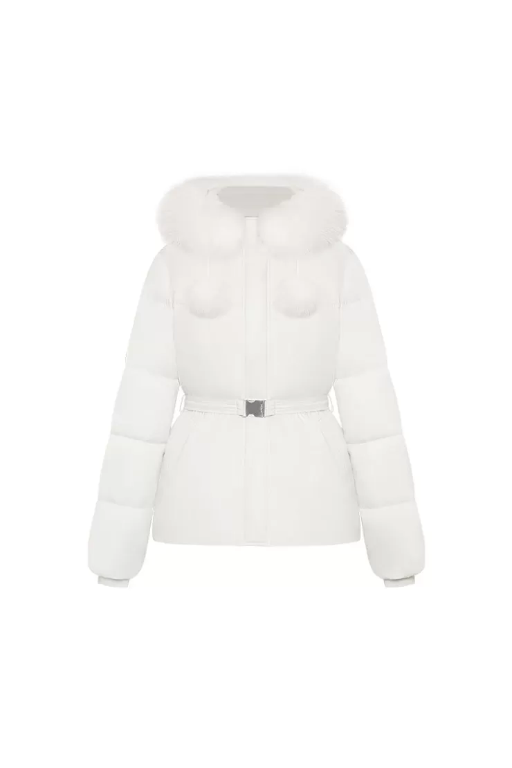 Ozlana Pom Pom Fur Collar Down Jacket(White) | Women Down Puffer Jackets