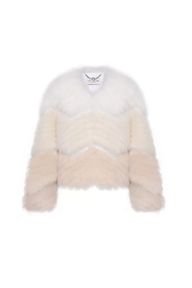 Ozlana Rippled Gradient Crystal Fringe Fox Fur Jacket(Cream Gradient) | Women Full Fur Jackets