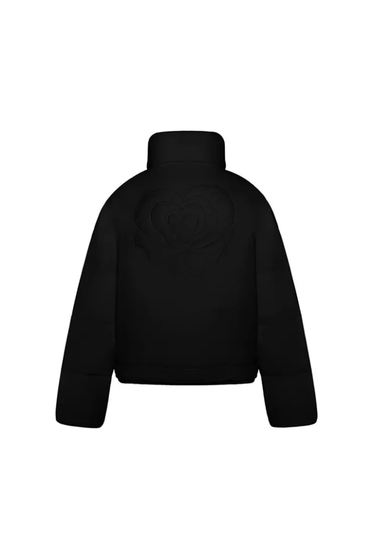 Ozlana Rose Heart Puffer Jacket With Crystal Belt(Black) | Women Down Puffer Jackets