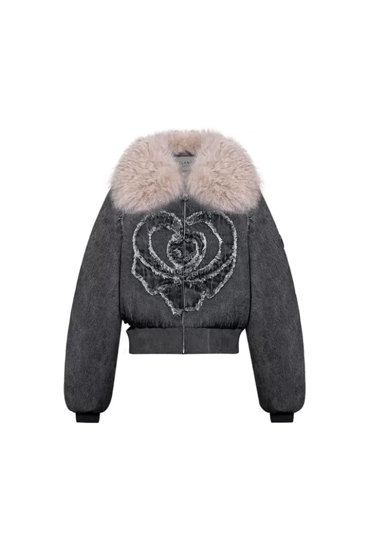 Ozlana Rose Heart Zipped Denim Puffer Jacket With Furry Collar(Black) | Women Down Puffer Jackets