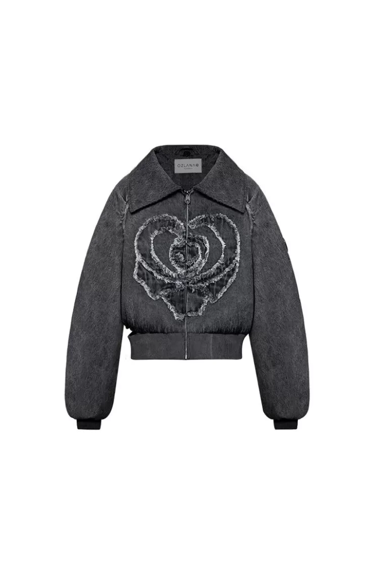 Ozlana Rose Heart Zipped Denim Puffer Jacket With Furry Collar(Black) | Women Down Puffer Jackets