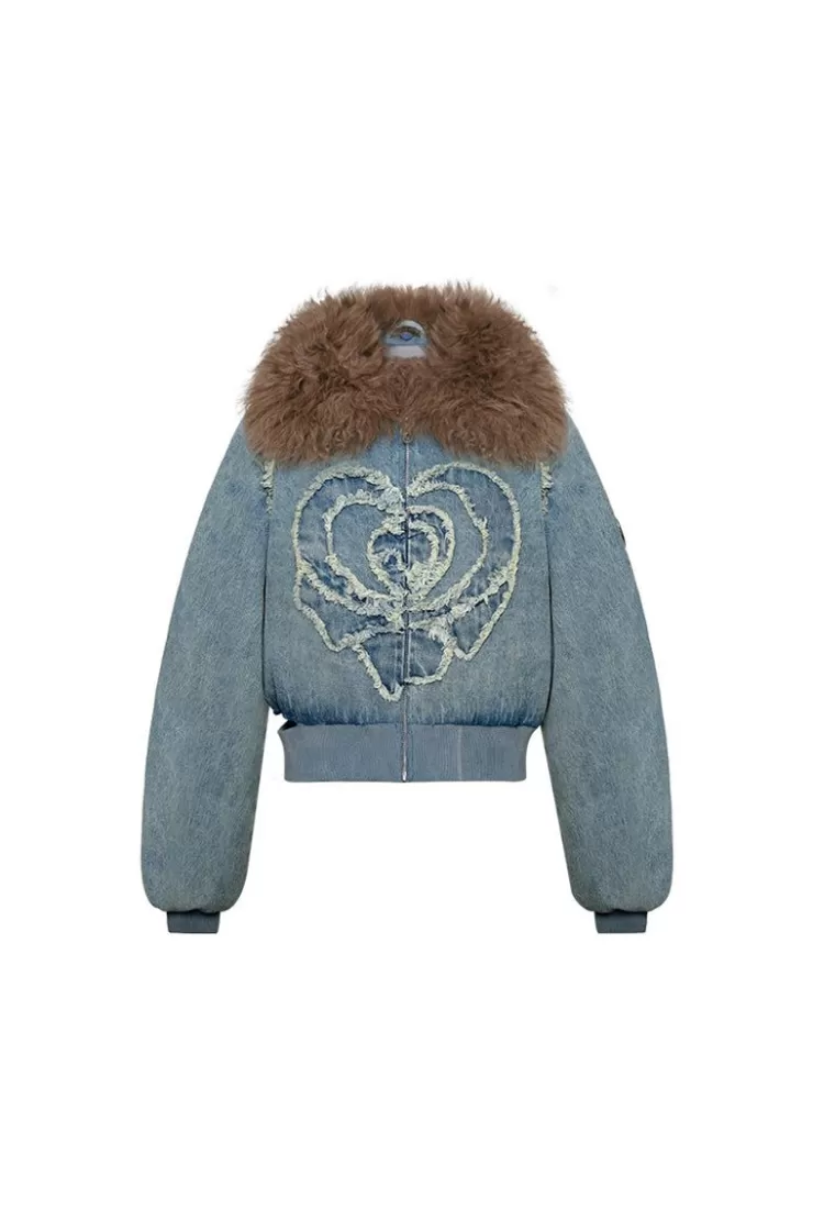 Ozlana Rose Heart Zipped Denim Puffer Jacket With Furry Collar(Blue) | Women Down Puffer Jackets