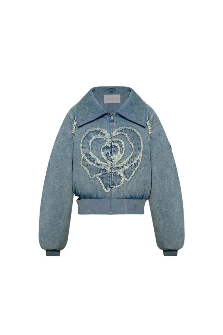 Ozlana Rose Heart Zipped Denim Puffer Jacket With Furry Collar(Blue) | Women Down Puffer Jackets