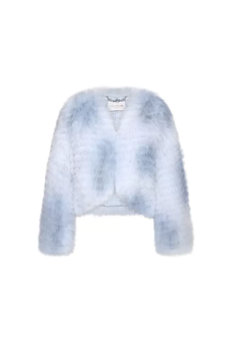 Ozlana Rose Sherbet Wide Lapel Crop Fox Fur Jacket(Blue) | Women Omniverse: Milan Runway Collection