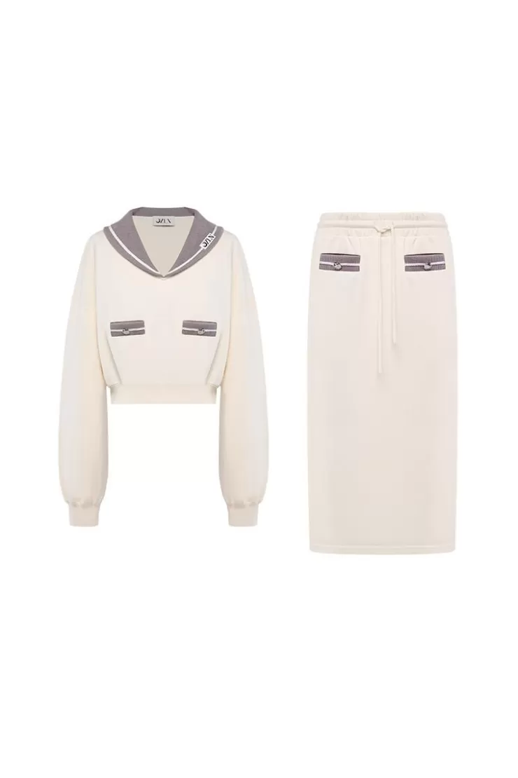 Ozlana Sailor Girl Midi Skirt & Sweater Set(Cream) | Women Matching Sets