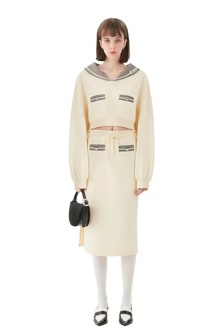 Ozlana Sailor Girl Midi Skirt & Sweater Set(Cream) | Women Matching Sets