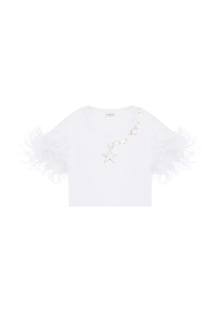 Ozlana Sea Shells Feather Cropped Tee (White) | Women Tee Shirts