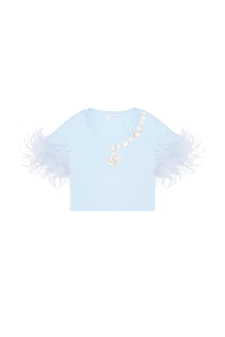 Ozlana Sea Shells Feather Cropped Tee(Blue) | Women Tee Shirts