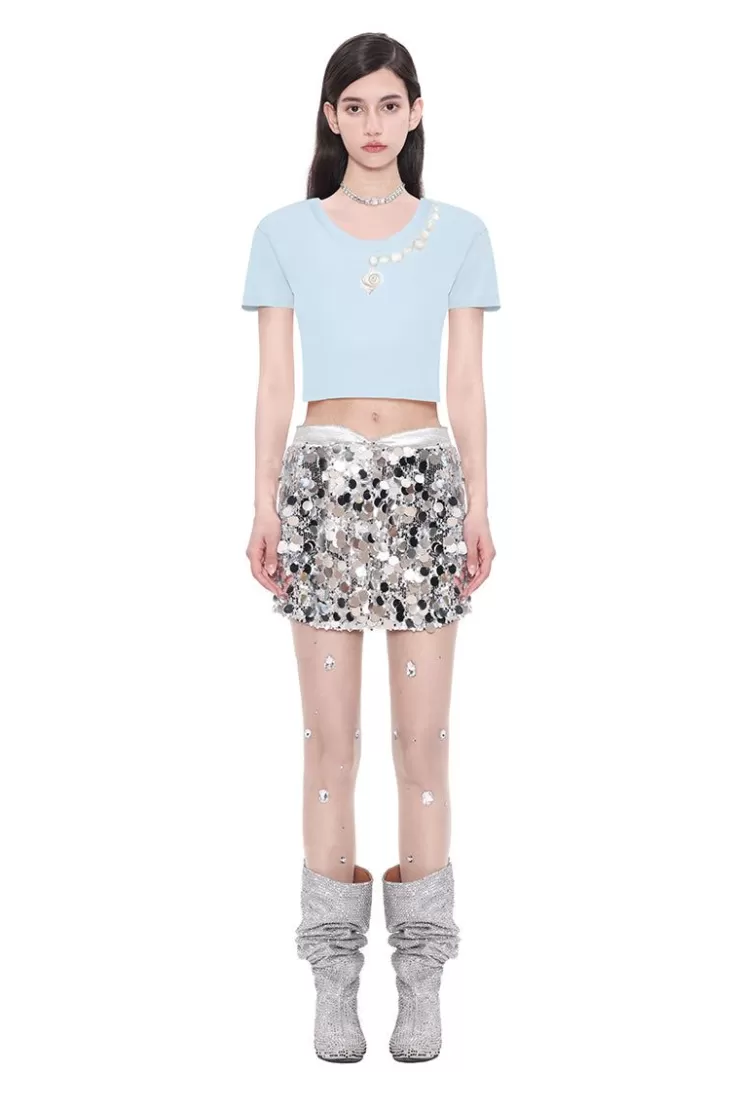 Ozlana Sea Shells Feather Cropped Tee(Blue) | Women Tops