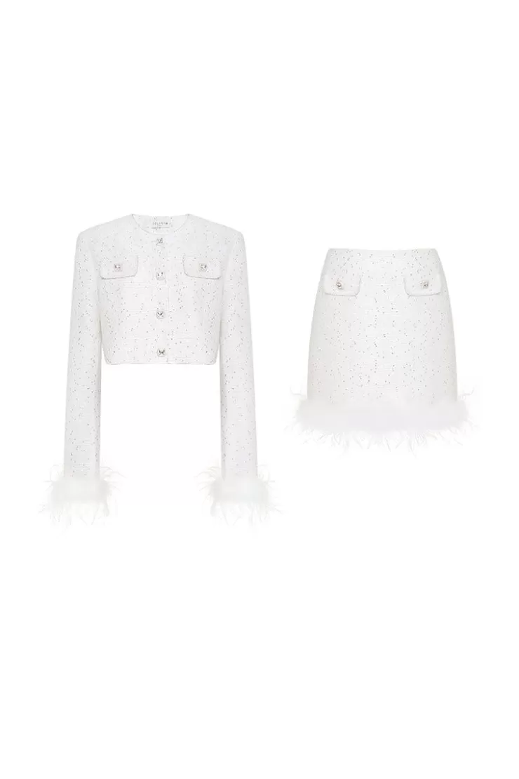 Ozlana Sequin Embellished Tweed Mini Skirt Set(Cream) | Women Matching Sets