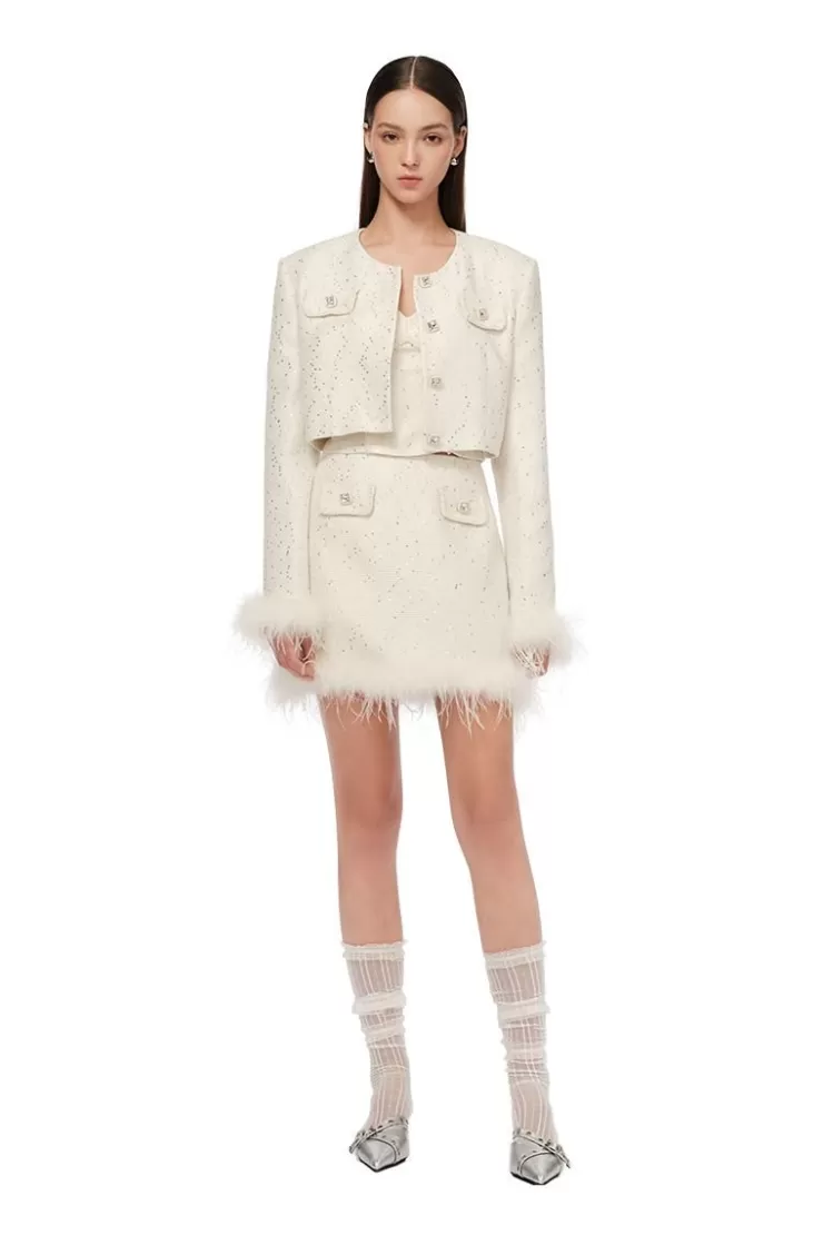 Ozlana Sequin Embellished Tweed Mini Skirt Set(Cream) | Women Matching Sets