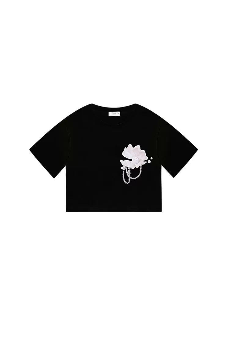 Ozlana Shell Pearl Trimed Crop Tee (Black) | Women Tee Shirts