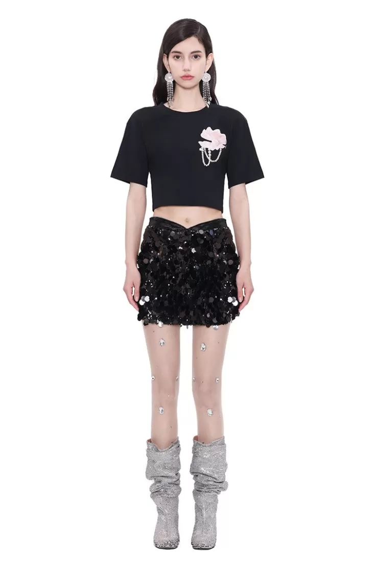 Ozlana Shell Pearl Trimed Crop Tee (Black) | Women Tops