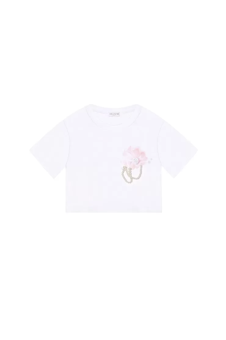 Ozlana Shell Pearl Trimed Crop Tee (White) | Women Tee Shirts