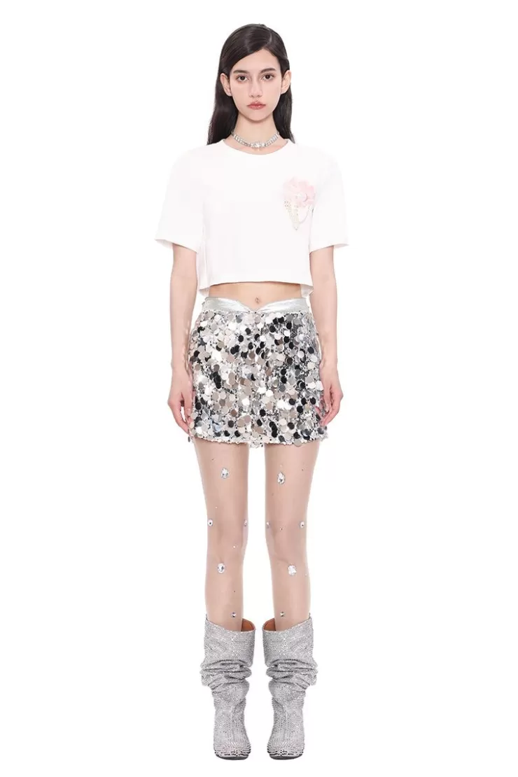 Ozlana Shell Pearl Trimed Crop Tee (White) | Women Tee Shirts