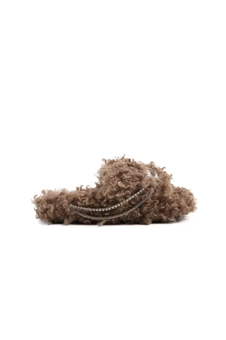 Ozlana Shiny Crystal Butterflyfaux Fur Slippers(Camel) | Women Shoes