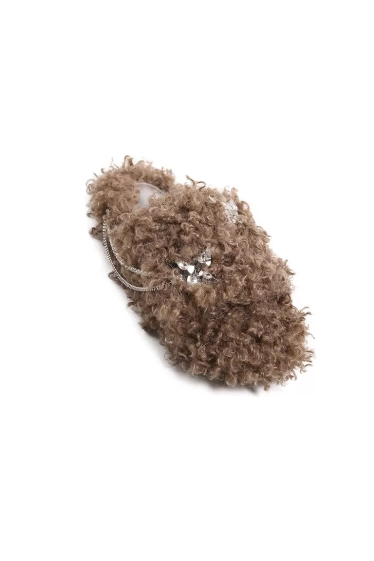 Ozlana Shiny Crystal Butterflyfaux Fur Slippers(Camel) | Women Shoes