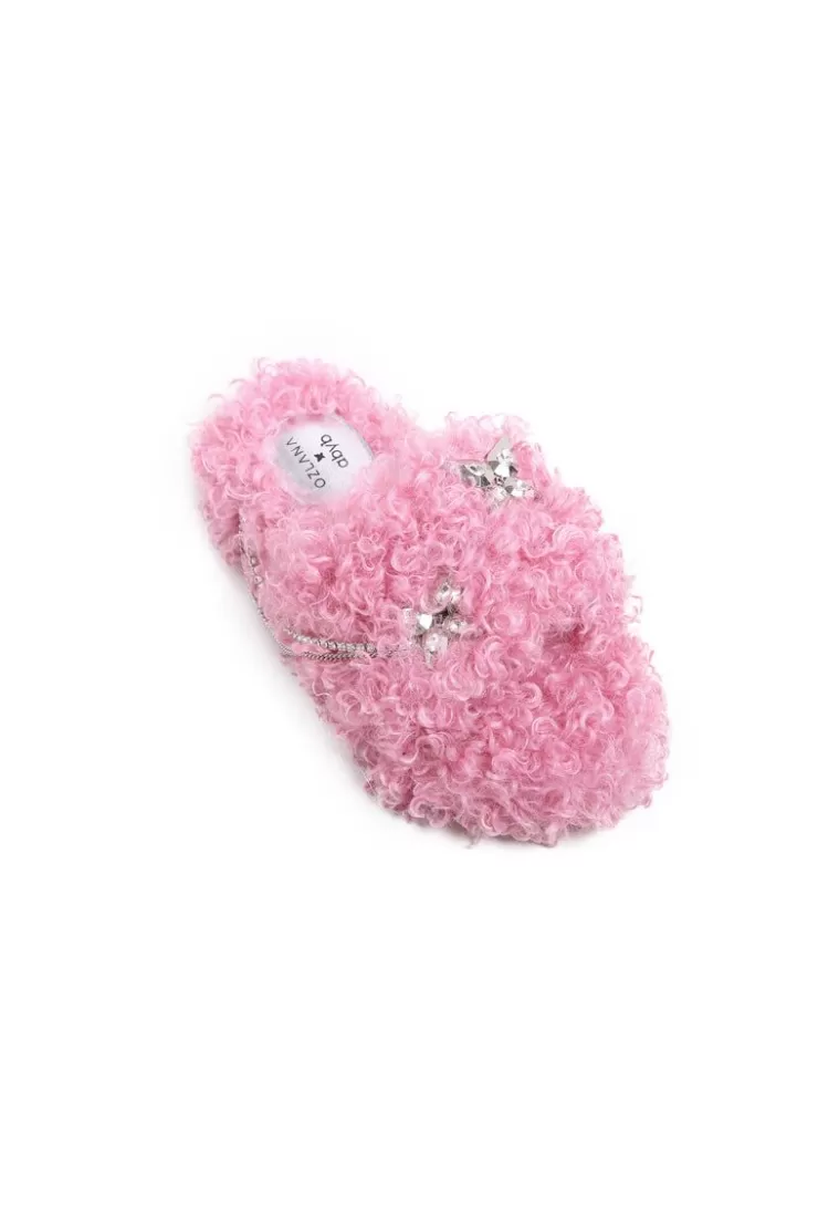 Ozlana Shiny Crystal Butterflyfaux Fur Slippers(Pink) | Women Shoes