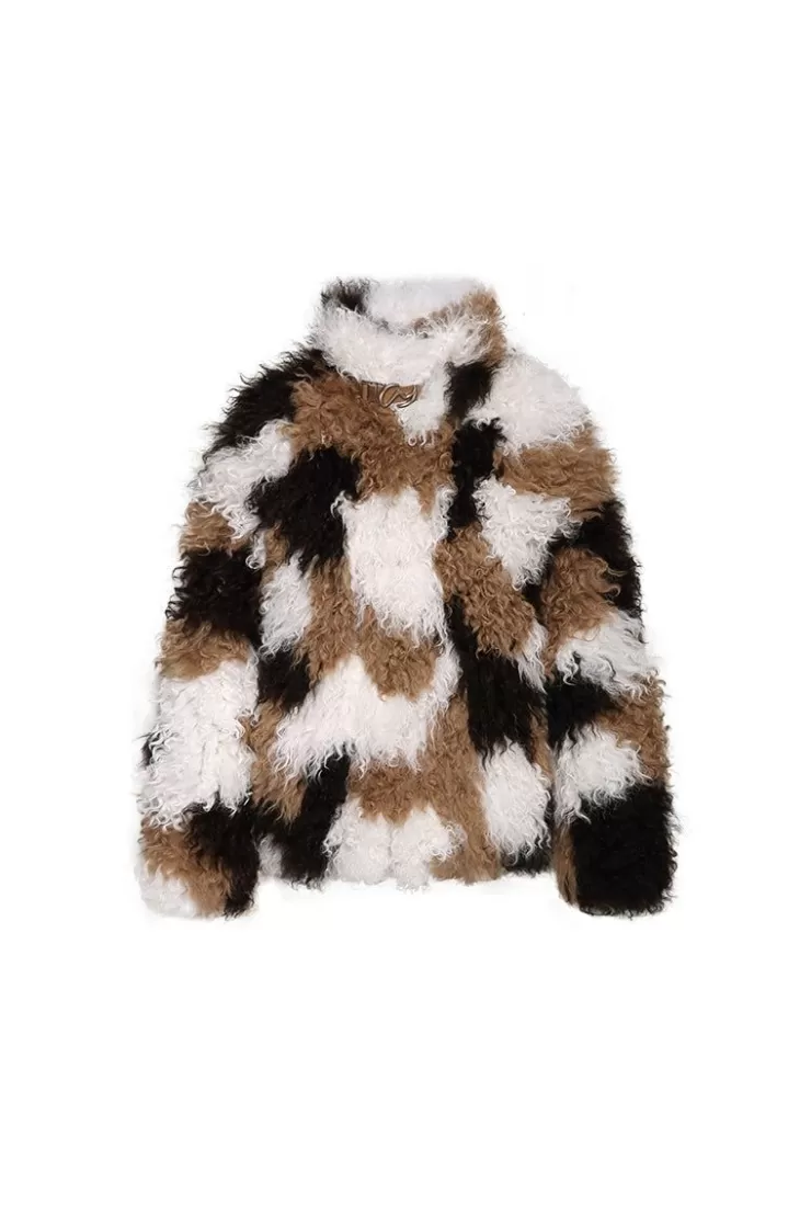 Ozlana Smudged Collared Shearling Wool Jacket (Caramel) | Women Full Fur Jackets
