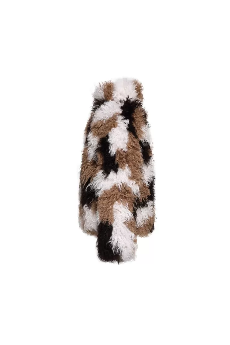 Ozlana Smudged Collared Shearling Wool Jacket (Caramel) | Women Full Fur Jackets