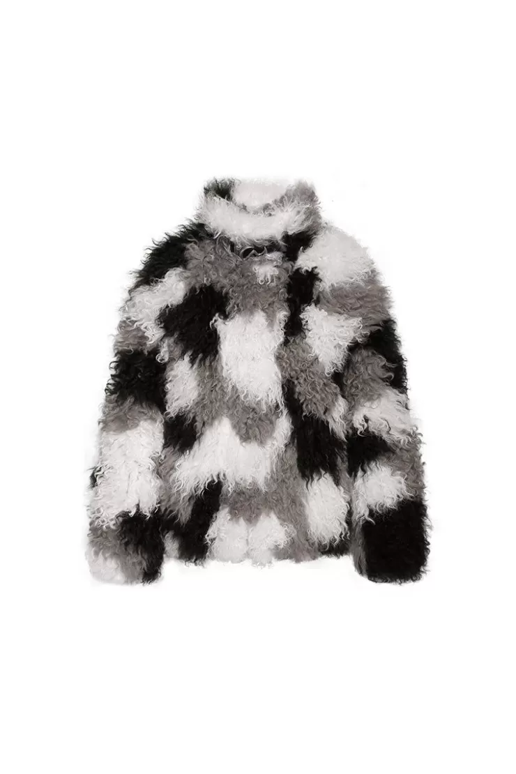 Ozlana Smudged Collared Shearling Wool Jacket(Grey) | Women Omniverse: Milan Runway Collection