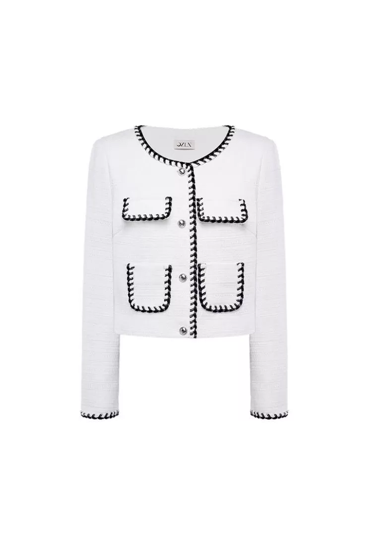 Ozlana Stitched Edge Vintage Tweed Jacket (White) | Women Ozln