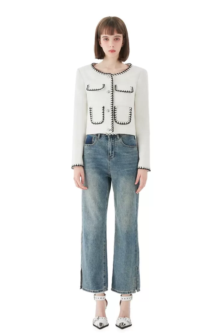 Ozlana Stitched Edge Vintage Tweed Jacket (White) | Women Ozln
