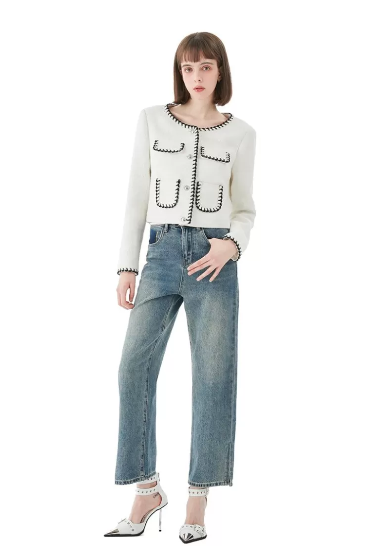 Ozlana Stitched Edge Vintage Tweed Jacket (White) | Women Tops
