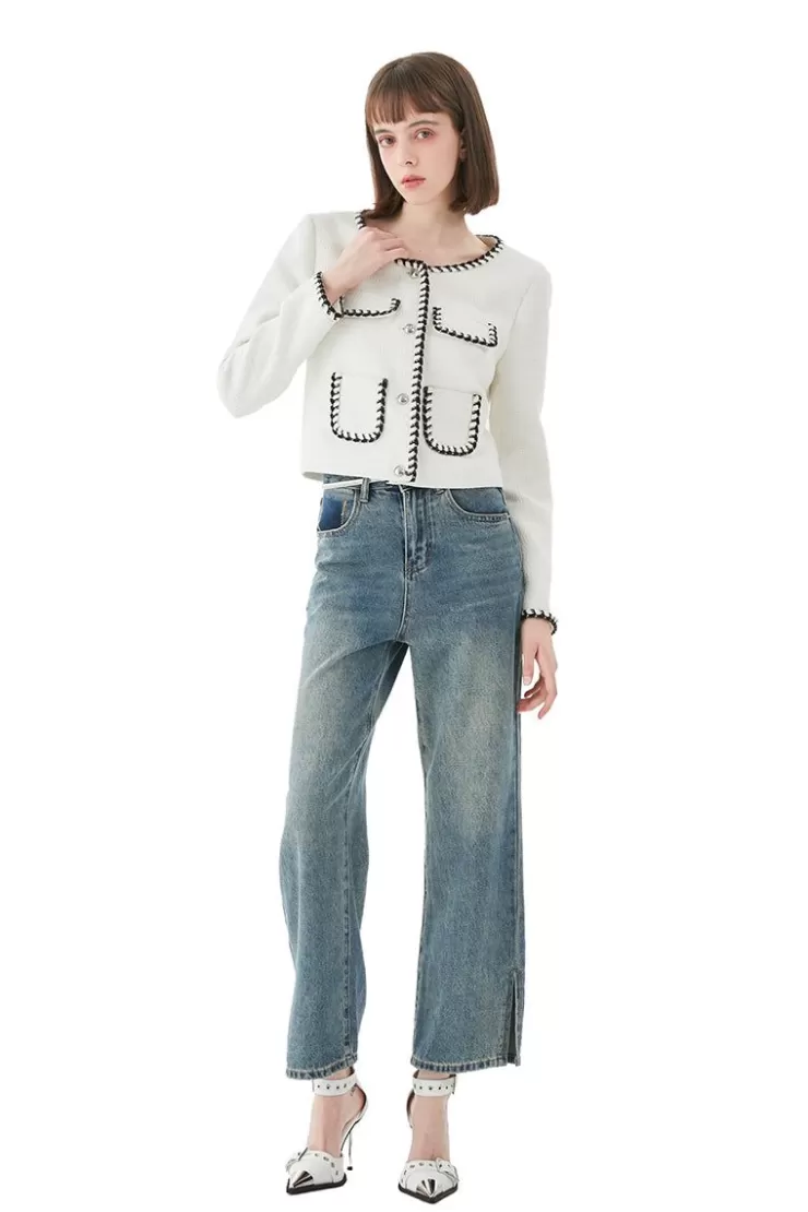 Ozlana Stitched Edge Vintage Tweed Jacket (White) | Women Tops