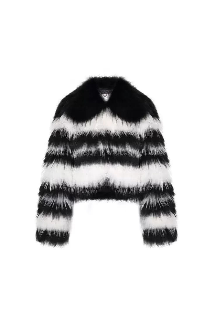 Ozlana Striped V Neck Crop Raccoon Fur Jacket(Black Stripe) | Women Full Fur Jackets