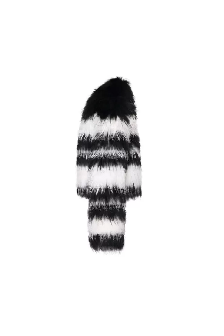 Ozlana Striped V Neck Crop Raccoon Fur Jacket(Black Stripe) | Women Full Fur Jackets