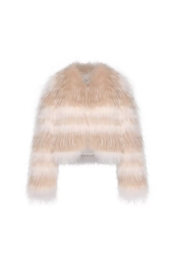 Ozlana Striped V Neck Crop Raccoon Fur Jacket(Chestnut Stripe) | Women Full Fur Jackets